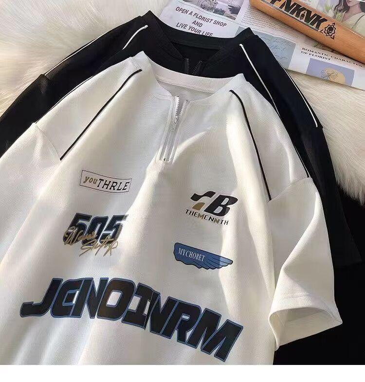 Camiseta de Manga Corta con Media Cremallera para Hombre - Alta Gama, Rebelde, Estilo Callejero Americano, para Carreras