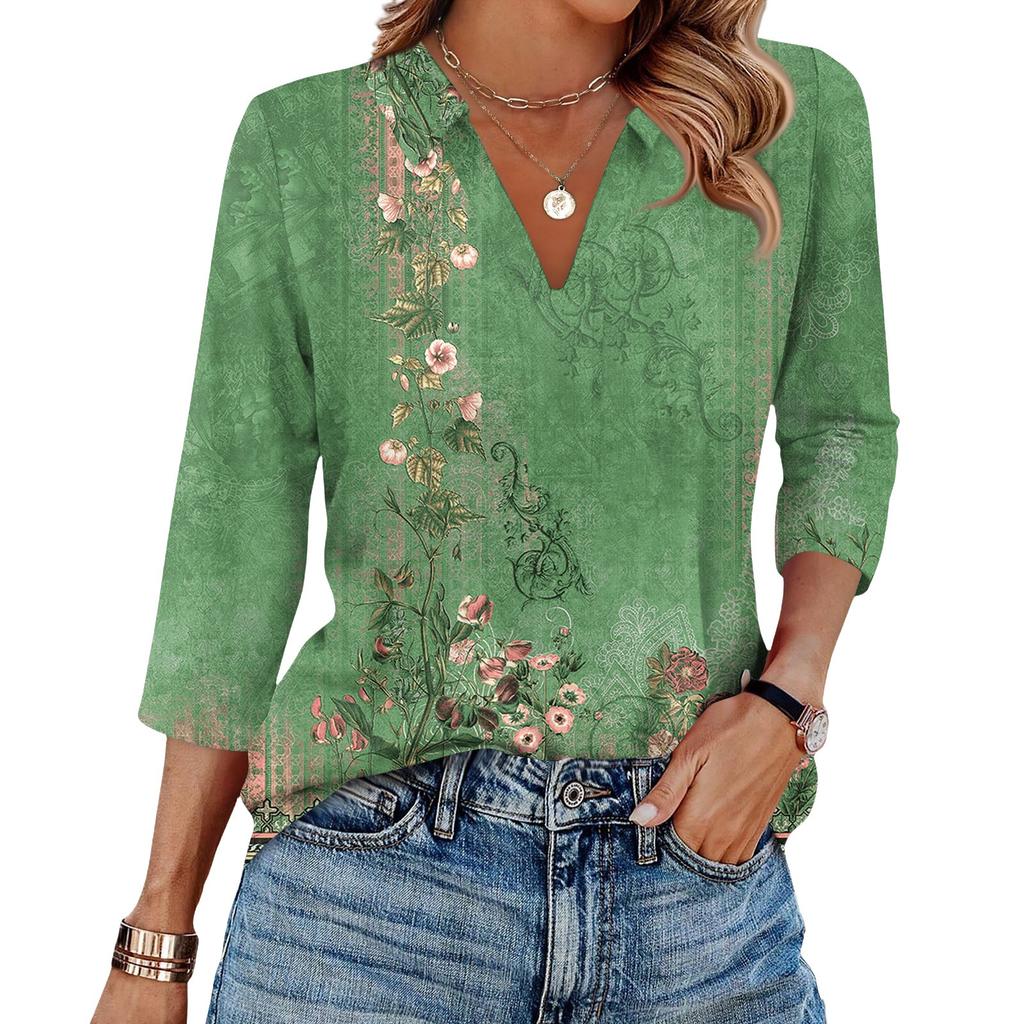 Women's Fashionable Casual Lapel T-Shirt With Retro Floral Print Seven Quarter Sleeve Top