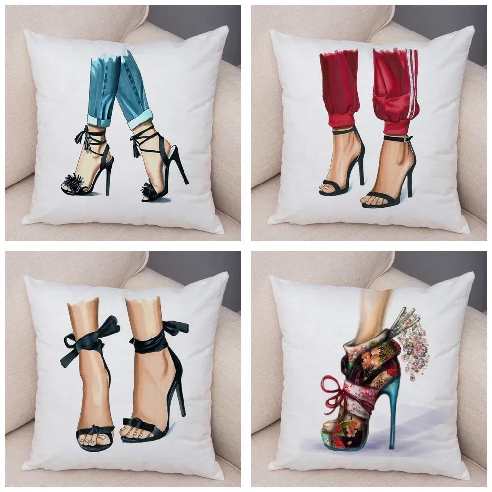 Lady High Heel Shoes Print Cushion Cover for Car Sofa Home Super Soft Short Plush Pillow Case Decor Cartoon Pillowcase 45*45 Cm