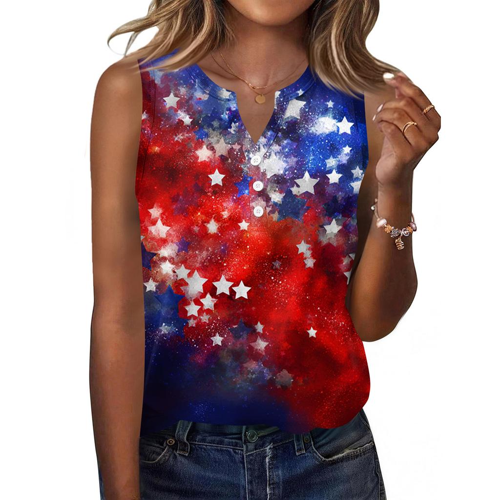 Canotta da donna senza maniche con scollo a V e bottoni sul davanti, camicetta casual estiva, stampa bandiera americana, leggera, vestibilità ampia