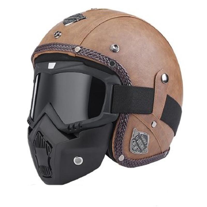 Retro Vintage Helmet Motorcycle 3/4 Open Face DOT approved visor PU leather Casco Moto Helmet Motocross helmets With Goggle Mask