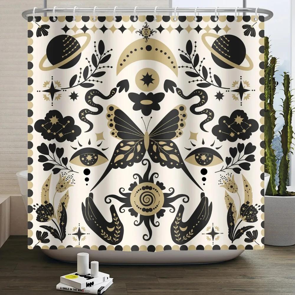 Moth Shower Curtain Moon Phase Butterfly Mushroom Psychedelic Tarot Gothic Shower Curtain For Bathroom Waterproof Bath Curtain