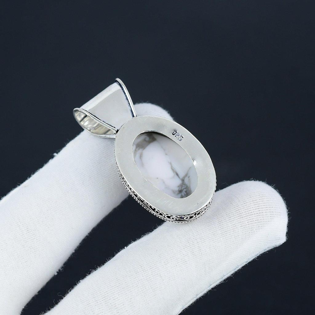 Natural Howlite Gemstone Silver Pendant In 925 Sterling Silver - Handmade Oval Design, Everyday Wear Jewelry Engagement Gift