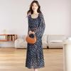 Zhu Zhu Style French Retro Floral Chiffon Dress - Autumn Slim Fit Long-Sleeve Maxi