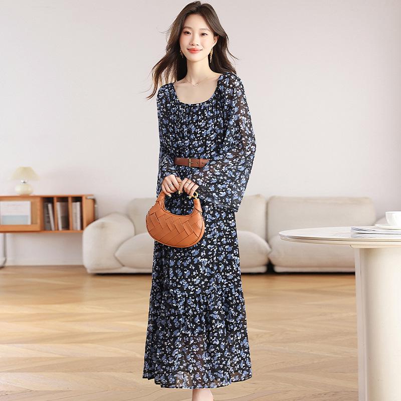 Zhu Zhu Style French Retro Floral Chiffon Dress - Autumn Slim Fit Long-Sleeve Maxi