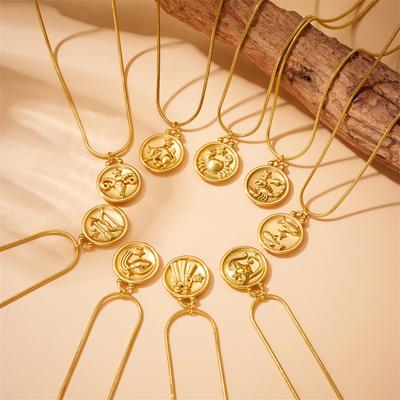 Retro New Round Double Sided Wearing 12 Constellation Pendant Titanium Steel Necklace Jewelry