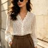 Womens French Vintage V-Neck Lace Blouse Early Hollow Wave Collar Lantern Sleeve Shirt