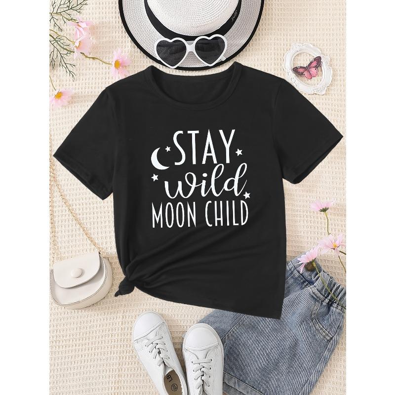 European Size Girls Round-neck Short-sleeved T-shirt with Unique English patternsWSL Girl STAY Wild MOON CHILD