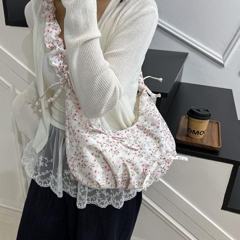 Bow floral pleated cloud bag women's small fresh high-value shoulder underarm bag casual messenger canvas bag bag