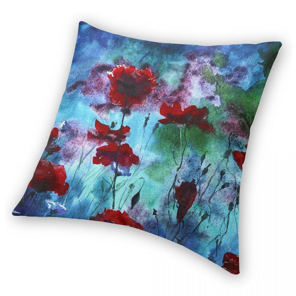 Wave Of Poppies On Blue Square Pillowcase Polyester Linen Velvet Pattern Zip Decor Pillow Case Home Cushion Cover