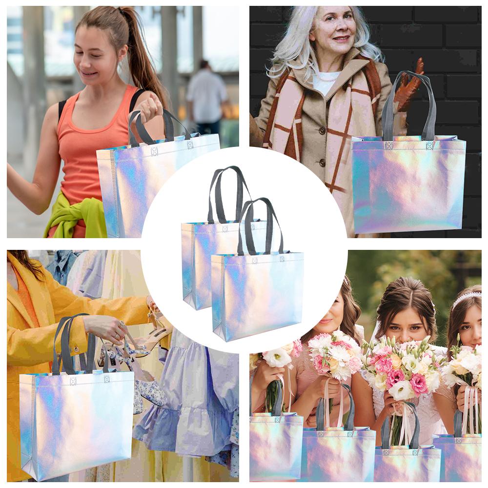 6pcs Rose Gold Silver Tote Bags Reusable Gift Bag Waterproof Non Woven Shopping Bag Grocery Bag Birthday Wedding Gift Bag
