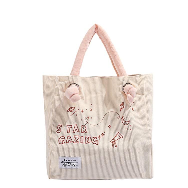 Corduroy Commuter Tote Bag for Women, Embroidered Versatile Cute Student Large Capacity Shoulder Bag, Cotton-Padded Handbag