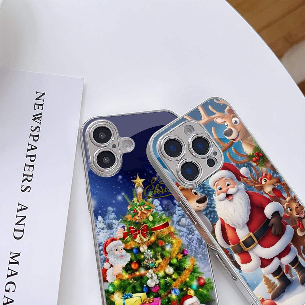Ae119 Merry Christmas Santa Art Design Electroplated Glass Phone Cases for SamsungS25 Ultra iPhone 16 Pro Xiaomi Redmi Lens Full Protection Back Cover