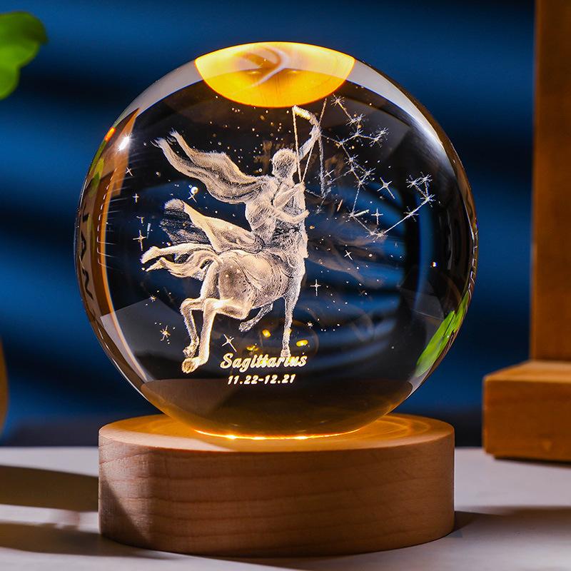 3D Constellation Crystal Ball Night Light Laser Engraved Birthday Gift Glass Sphere Home Desktop Decoration with Wooden USB Base