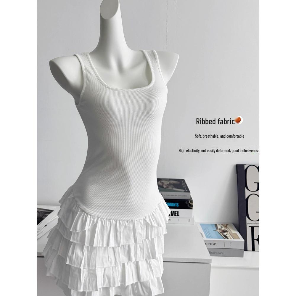 

Women s Spring Slimming Knitted Dress - White Square Neck Spaghetti Strap Waist-Hugging Short Skirt L (recommended for 100-110 jin) белый