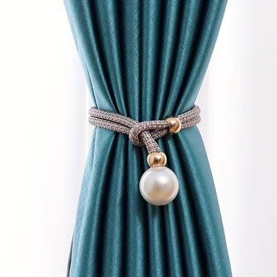 2 Piece Deluxe French Curtain Tiebacks with Glossy Faux Pearl Accents - Elegant Polyester, No Drilling Adjustable Cord for Exquisite Home Decor