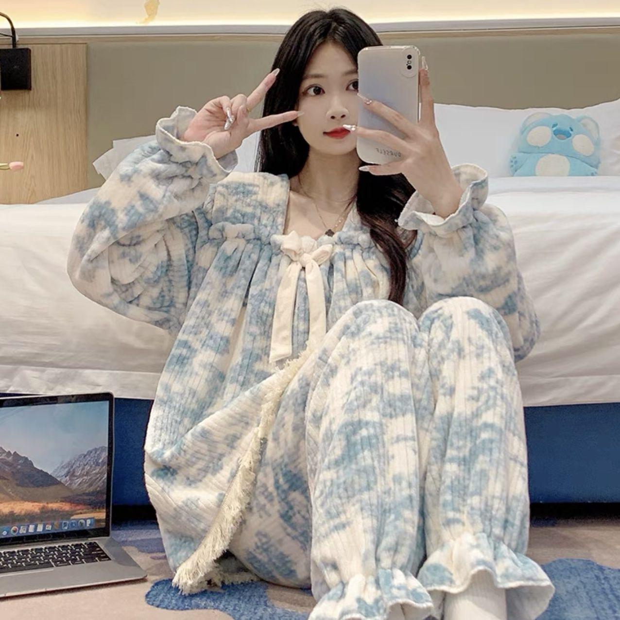 

Пижамные штаны комплект женская одежда домашняя одежда зимняя толстая симпатичная коралловый бархат удобная повседневная простая стильная свободная M