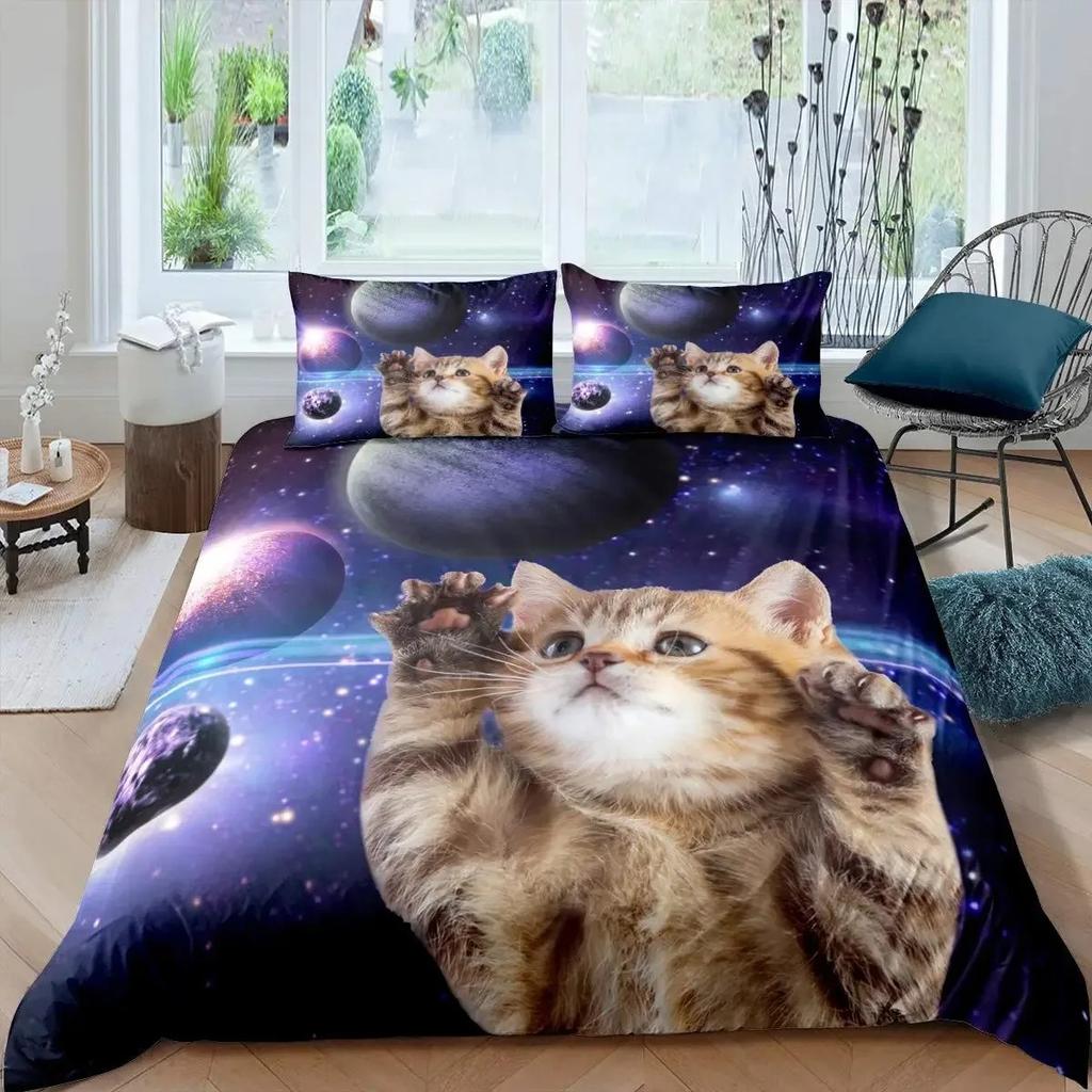 Comforter Galaxy Cat Girls 3D Digital Cat Bedding Set Galaxy Colorful Cat Starry Sky Comforter Lover