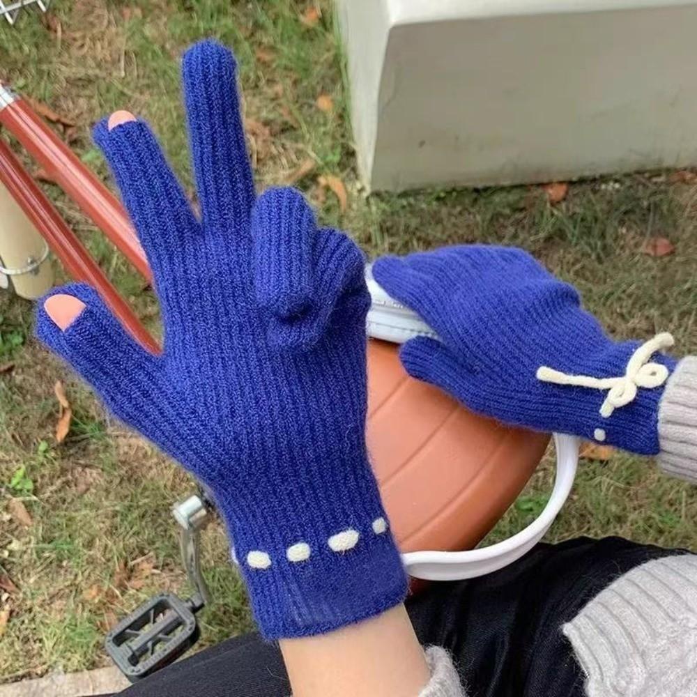Solid Color Touch Screen Gloves Knitted Texture Thermal Riding Gloves Winter Season