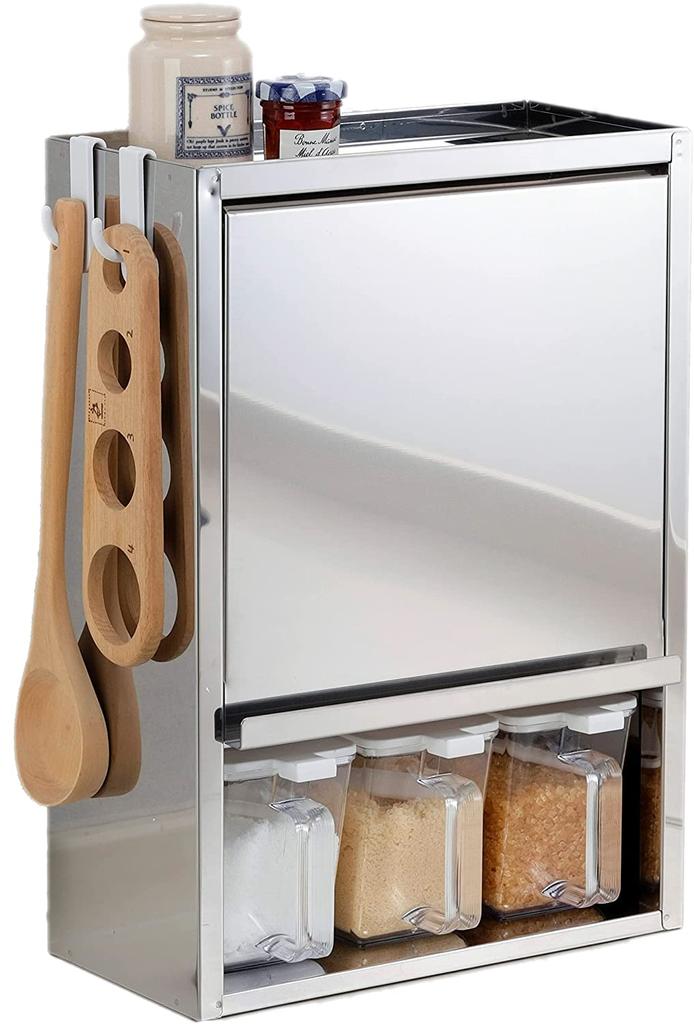 Otake Sangyo Spice Rack with 3 Seasoning Tsubame Stainless Compatible with Concealable Slim Storage Made in Japan Pots, Sanjo, Steel, Silver,