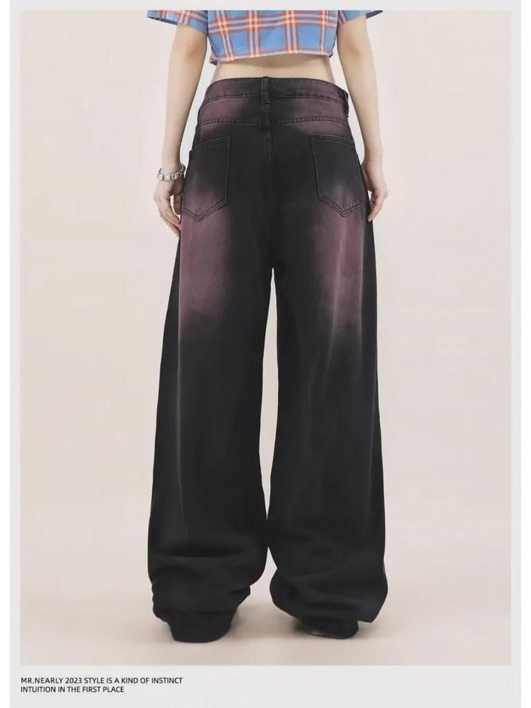 Women's 2024 Black & Gray High-Waist Wide-Leg Jeans - Loose, Slim, Straight, Floor-Length Style