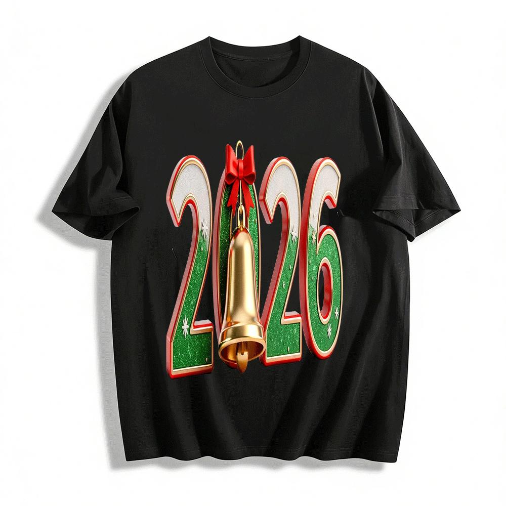 2026 Christmas Bell Print Festive Casual Crewneck Top Pure cotton T-shirt XXS