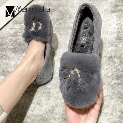 Fashion Woman Real Rabbit Fur Flats Crysatl Metal Bow-knot Furry Moccasins Warm Plush Ladies Winter Shoes Big Size 35-43 Cotton Loafers