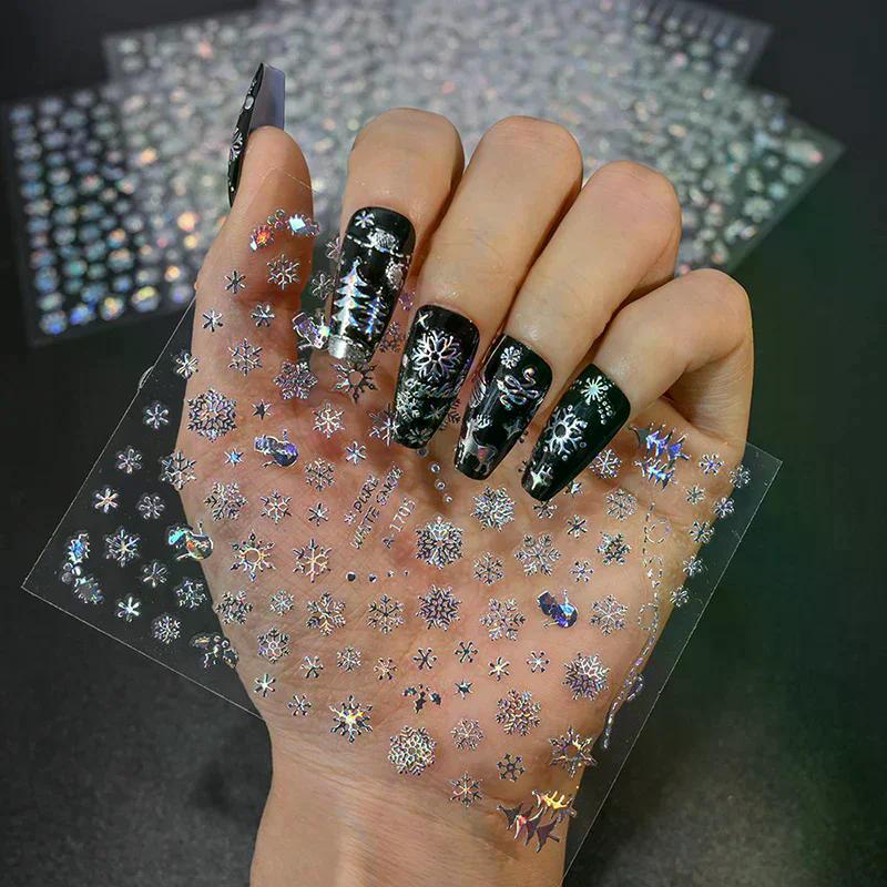 1Sheet Christmas Decorations 2026 New Year Nail Stickers Press On Nails Laser Snowflake Snowman Christmas Tree 3D Nail Decal