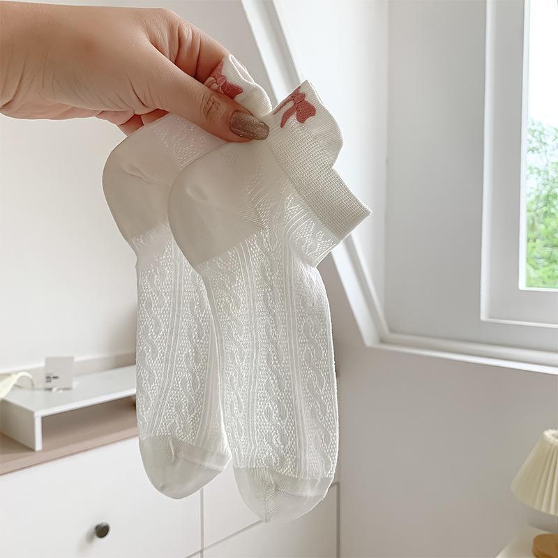 Female Summer Thin Style Bow Embroidery Pure Cotton Hollow Out Breathable White Socks