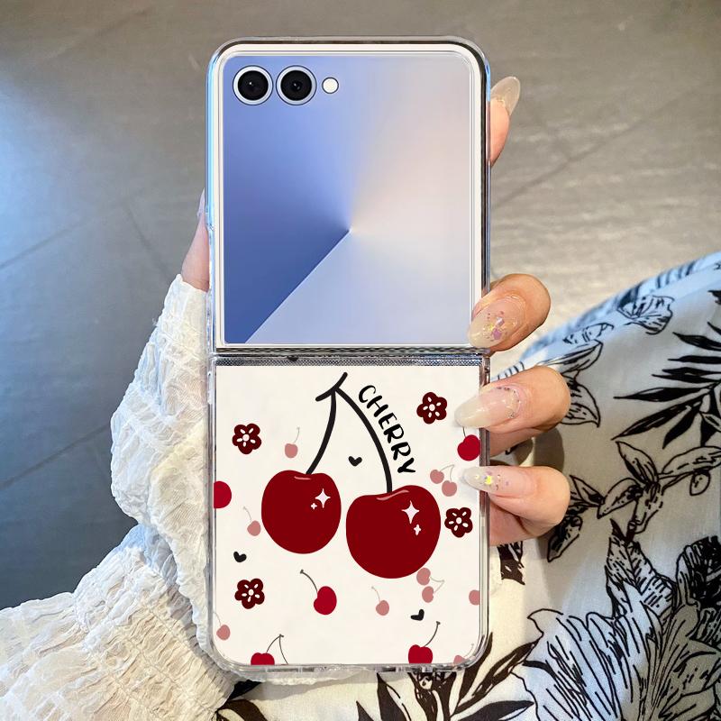 Cute Cherry Phone Case For Samsung Galaxy Z Flip 7 6 5 4 3 For Samsung Flip7 Flip6 Shockproof Hard Transparent Folding Cover