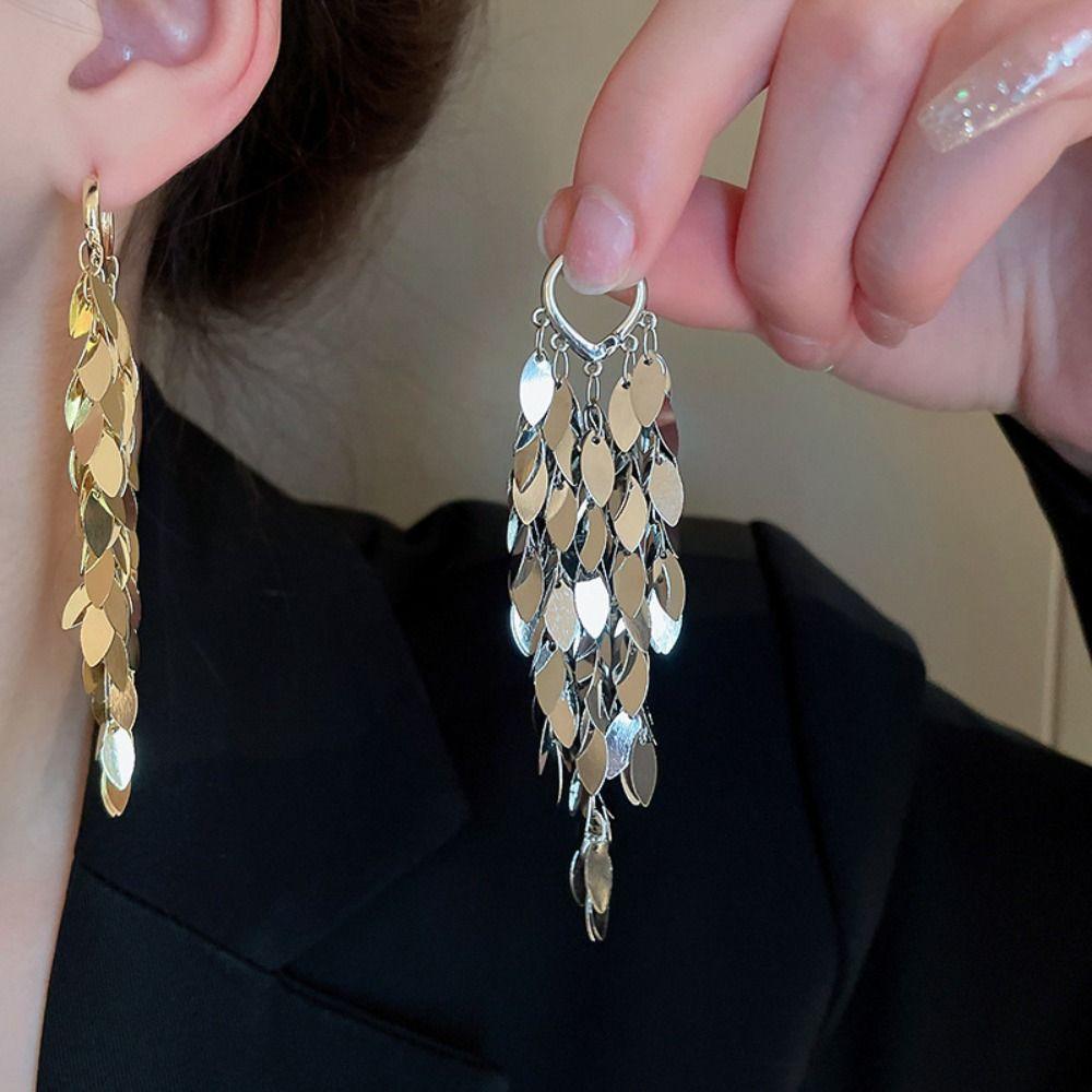 Korean Style Metal Sequin Earrings Zinc Zinc Alloy Gold Earrings Charm Long Tassel Dangle Earrings Girl