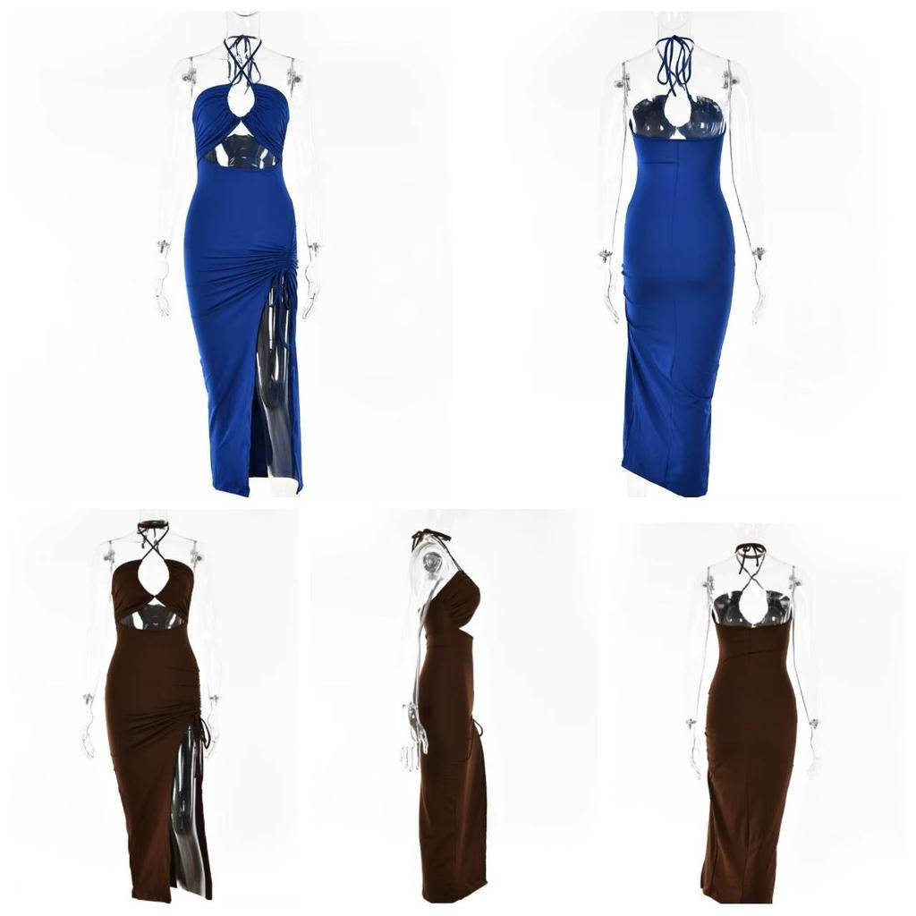 Sleeveless Sexy Slim Female Midi Dress Slim Hollow Out Backless Shoulder Off Halter Night Club Partywear Clubwear Women Bodycon Elegantes Strap