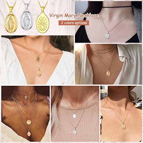Silvora Necklace for Men and Women, Gold, Hypoallergenic, Virgin Mary Miraculous Medal Pendant, Amulet