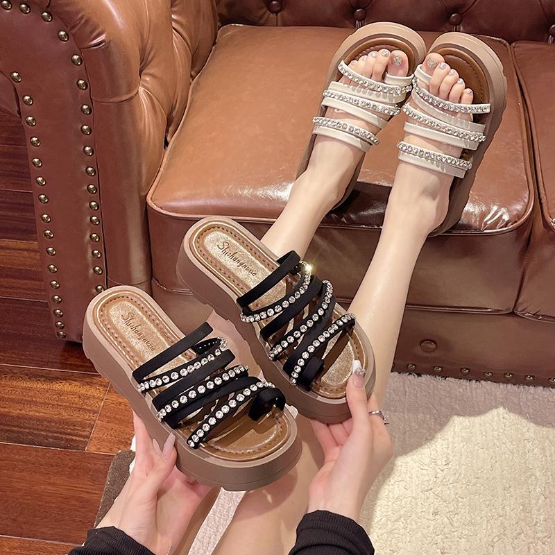 New Women's Summer Sandals Pearl Beading Slip On Women Sandals Elegant Solid Non Slip Open Toe Beach Female Platform Shoes