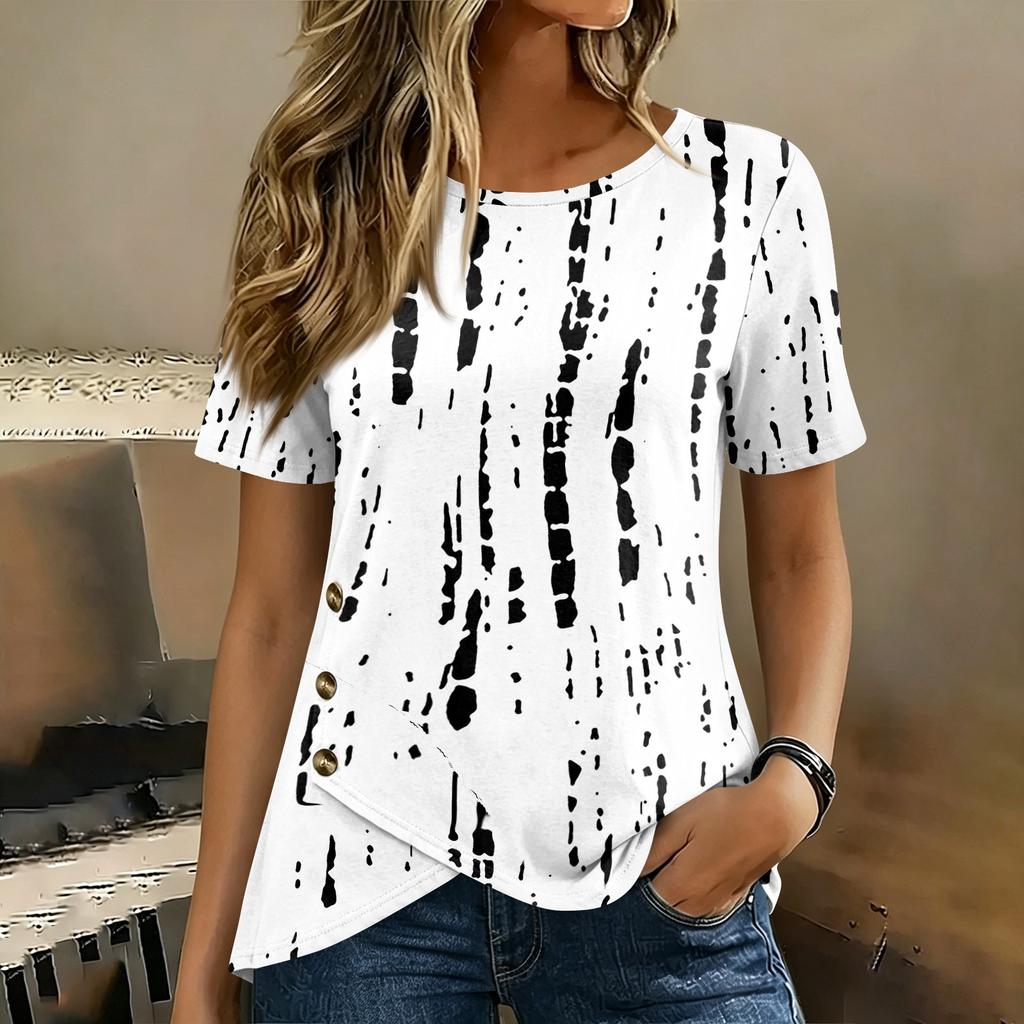 Women's Short Sleeve T Shirt Geometric Print Button Detail Round Neck Casual Top Lightweight Soft Fabric Blouse