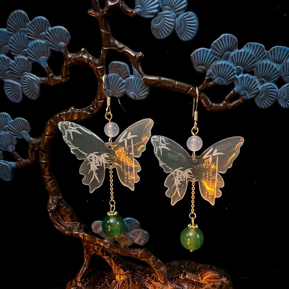 Original Chinese Aventurine Chalcedony Gold-Plated Butterfly Calligraphy Retro Earrings