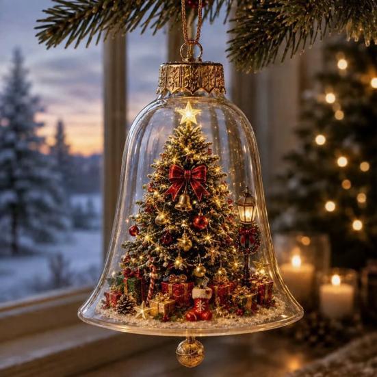 Holiday Home Atmosphere Enhancements 3D Christmas Bell Ornament, Winter Scene Clear Decoration with Santa Immersive Wonderland Ornaments Snowman