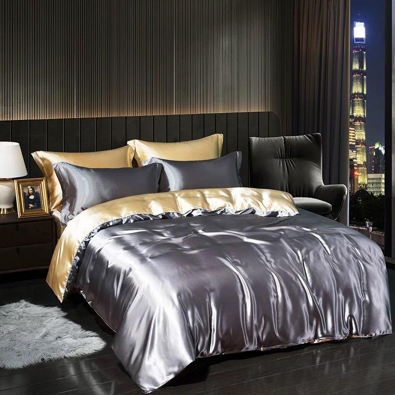 Solid Color European Silk Four-piece Set, Double-sided Mulberry Silk Quilt Cover, Silk Satin Sheet, Naked Sleeping Bedding 1.5m 4pcs 2x2.3&set