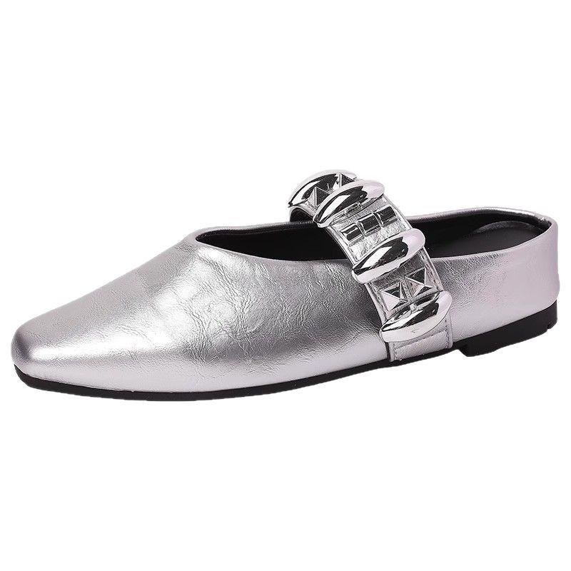 Summer New Single Shoes with Mary Jane Shoes Rhinestone Women's Bag Head Half Slippers Retro Flat Pointed Sandals