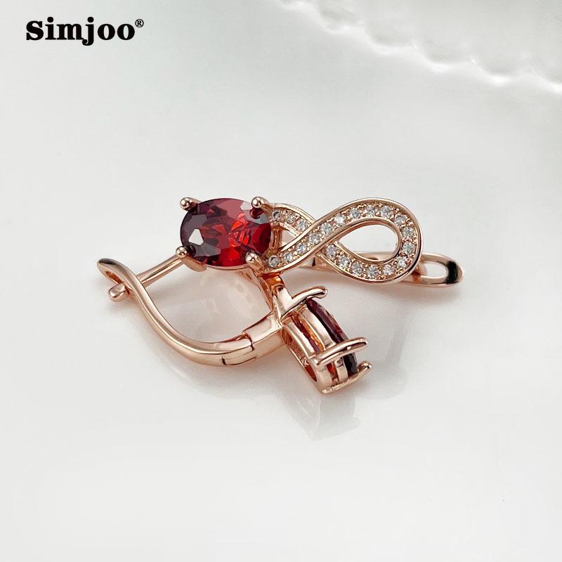 SIMJOO 585 Rose Gold Color Zircon Earrings Women's Fashion Red Zircon Earrings