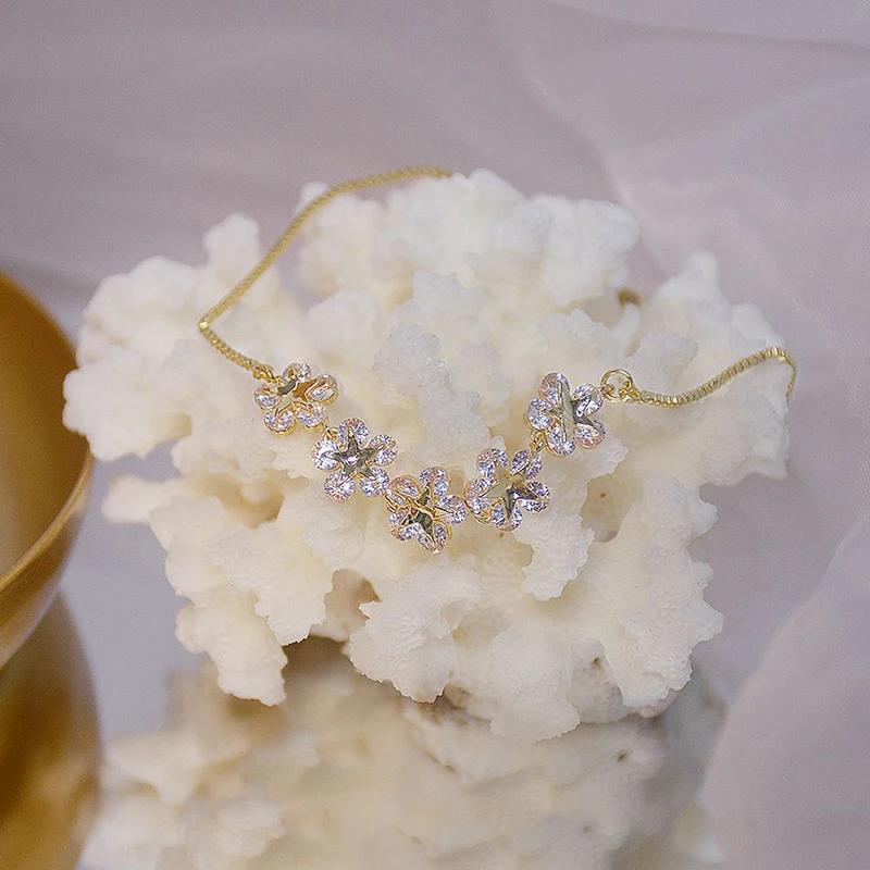 Korea Hot Fashion Zircon 14K Real Gold Plating Copper Inlaid AAA Zircon Bracelet Flower Stretch Adjustable Women Bracelet