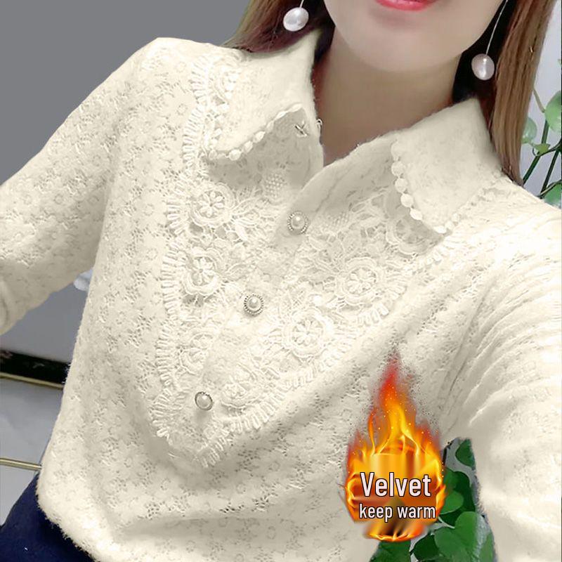 

Жіноча сорочка з довгим рукавом на флісовій підкладці з мереживним коміром Пітер Пена: Модний базовий топ для весни, осені та зими M