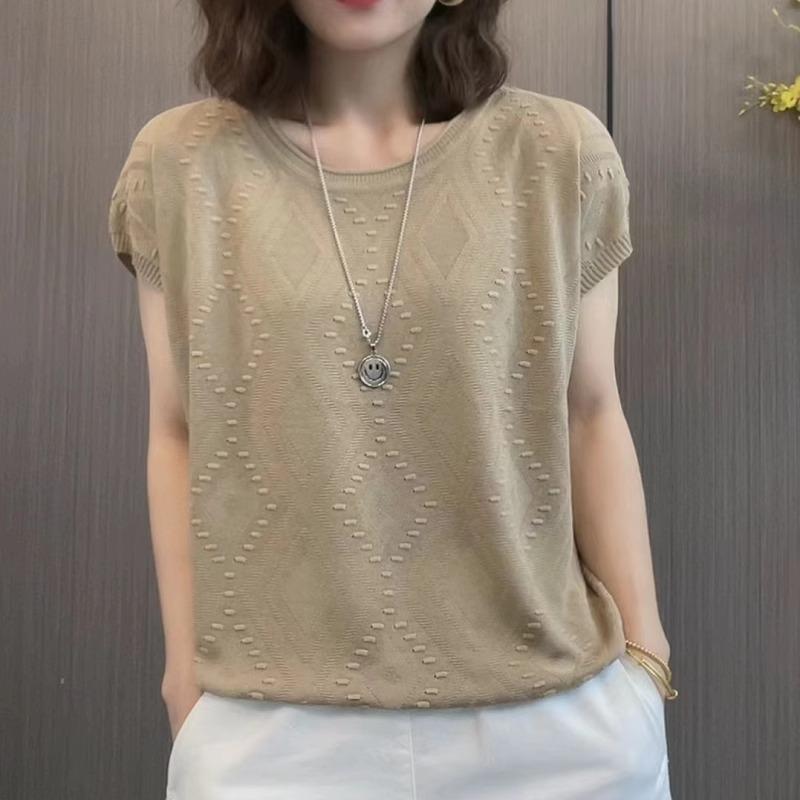 Summer Women's Knitted Short Sleeved T-shirt Loose Round Neck Women's Knitted Top