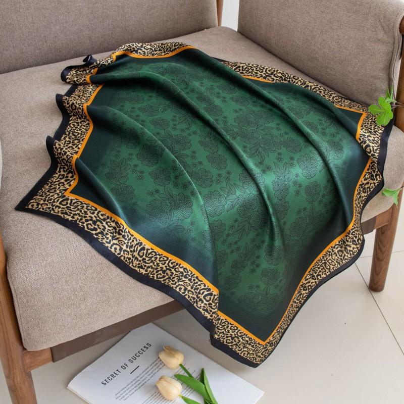 Mulberry Silk Scarf Square Printed Shawl Women Fashion Versatile Emerald Leopard