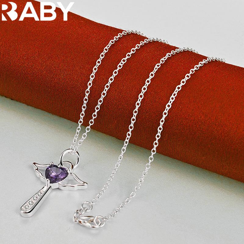 URBABY 925 Sterling Silver With 16-30 inch Chain Amethyst Heart Cross Pendant Necklace For Women Wedding Party Gifts Jewelry 4
