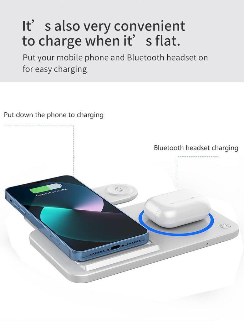 3-in-1 Multifunctional Earphone Watch Stand with Double Coil Wireless Charger and Light Folding Feature.