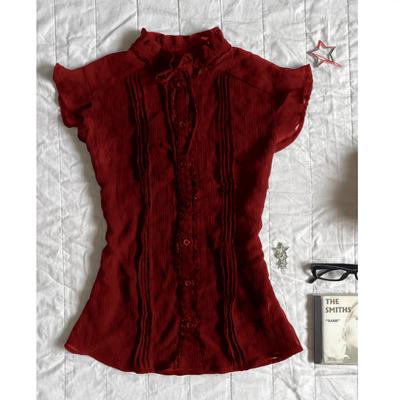2025 Jaro Léto Nová Vínově Červená Košile s Volánovým Límcem Dámská Vintage Design Slim Fit Ležérní Topy Elegantní Styl Korejská Módní Topy