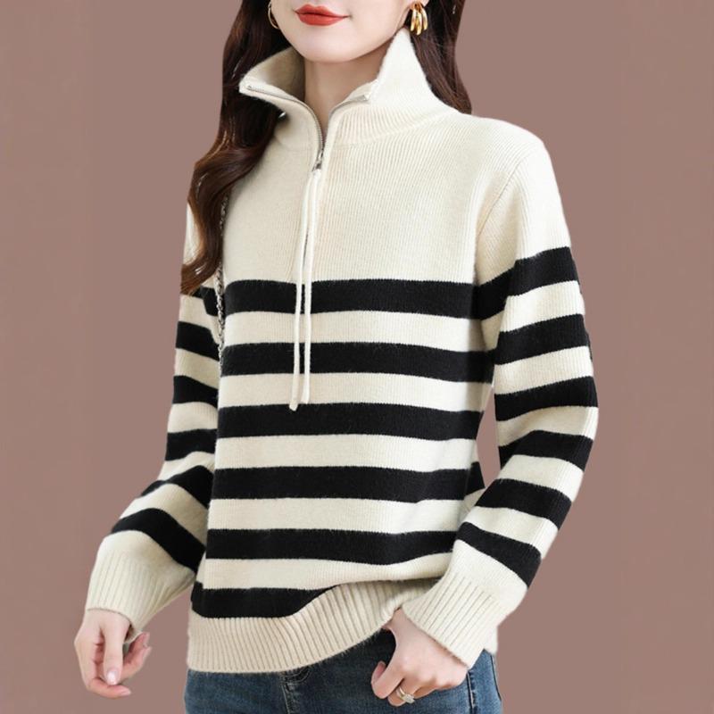 Half Zipper Sweater Women's New Autumn and Winter Lapel Collar Inner Bottoming Shirt Striped Knitted Sweater Top