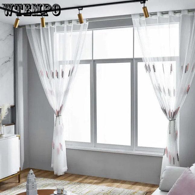 WTEMPO 2PCS Embroidered Window Screen Curtains Nordic Finished Bay Window Screens Bedrooms Living Rooms Mosquito Proof Simple Modern Gauze Curtains