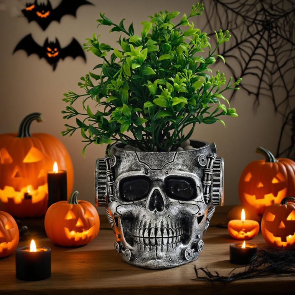 Style Flower Pot Resin Skull Planter with Drainage Hole for Home Office Decor Steampunk Skull Flower Vase Halloween Day